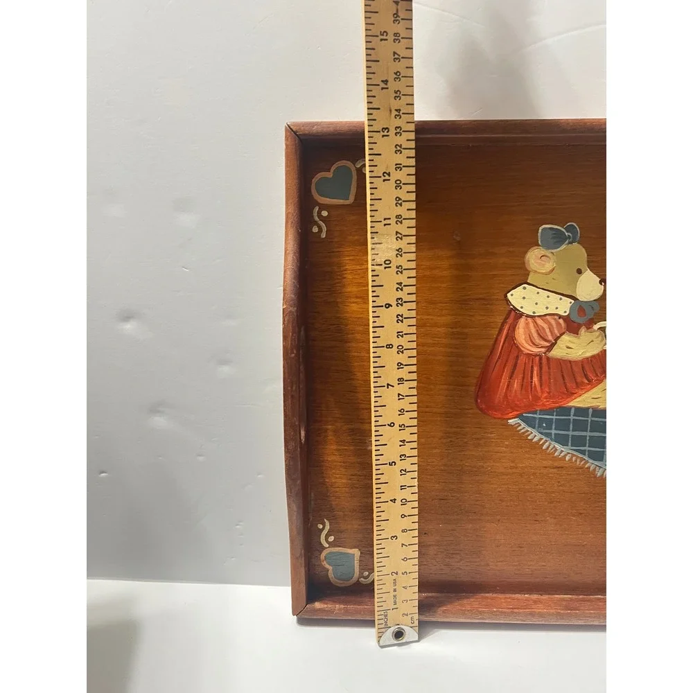 Vintage Goodwood Teak Wood Tray Teddy Bear Tea Party Hand Painted Folk Art 19in